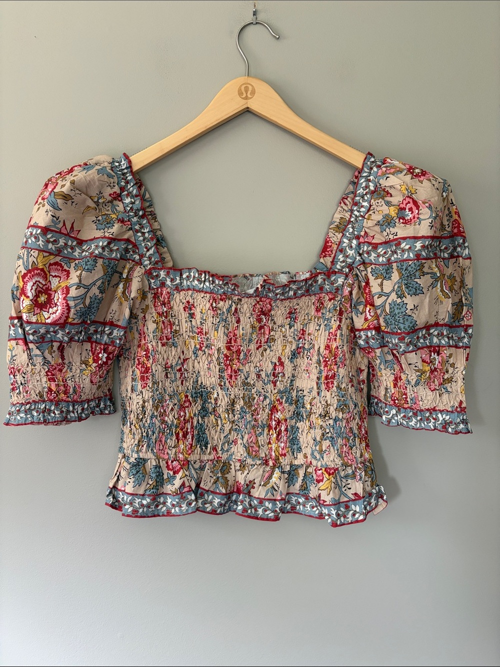 Sea New York Tess Print Puff Sleeve Smocked Top Large Floral Boho Cotton NWT